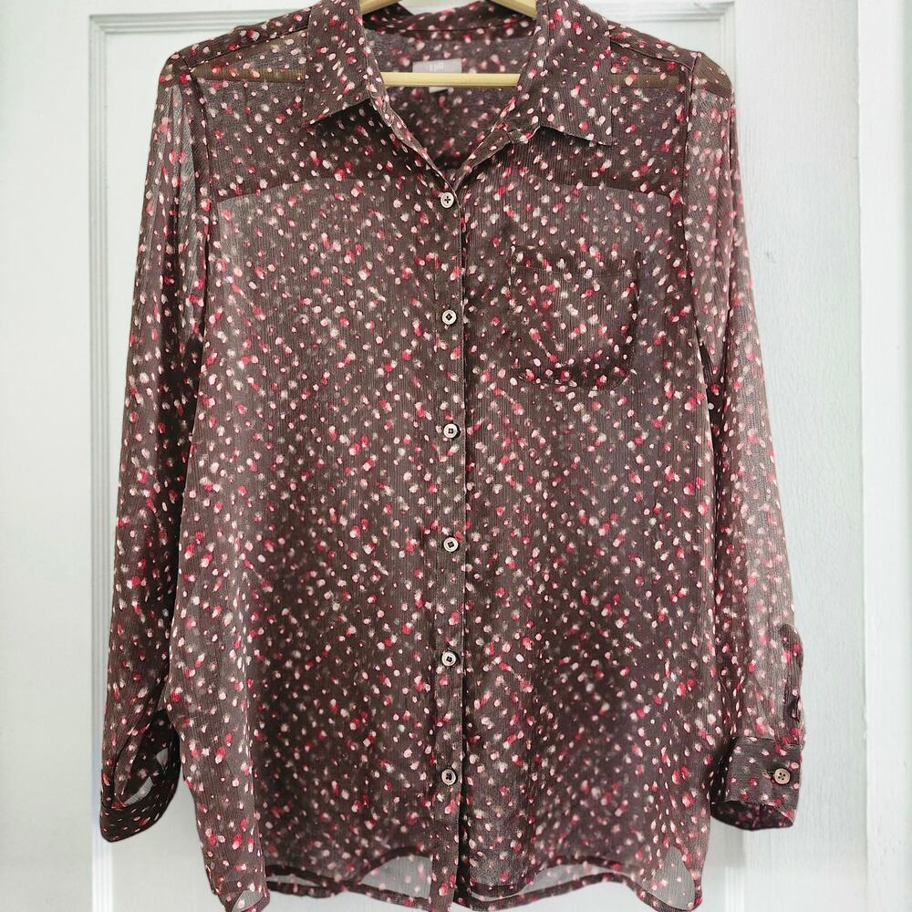 J Jill Deep Brown Sheer Polka Dot Print Button Down Tunic Size Petite Large